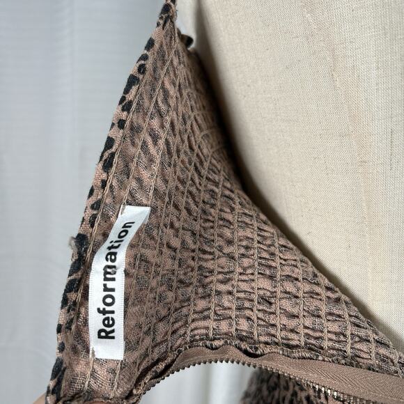 REFORMATION Rouen Bengal Leopard Linen Smocked Ruffle Mini Slip Dress Size 10 - Picture 6 of 8